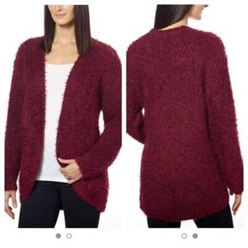 Kensie Open Front Eyelash Cardigan Maroon L